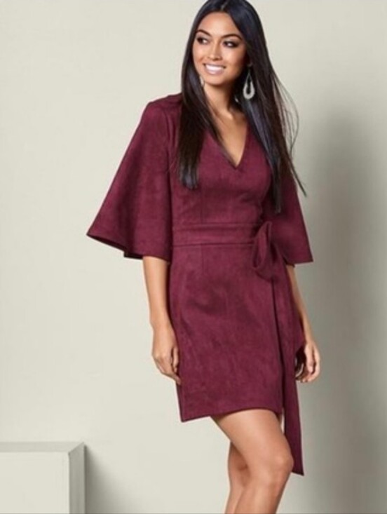 VENUS Dresses & Skirts - VENUS Burgundy Faux Suede Mini Dress Stretch Bow Tie